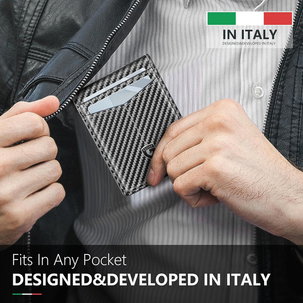 GSOIAX Slim Wallet for Men Leather Carbon Fiber RFID Blocking Minimalist Front Pocket Bifold Mens Wallet with ID Window,12 Credit Card Holders