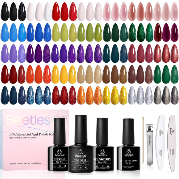 Beetles Gel Nail Polish Set, 36 Colors Gel Polish with Base Coat Glossy Matte & Glitter Gel Top Coat White Jelly Blue Mystic Wonderland Collection