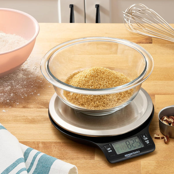 Amazon Basics Digital Kitchen Scale with LCD Display, Batteries Included, Weighs up to 11 Pounds, Black and Stainless Steel
