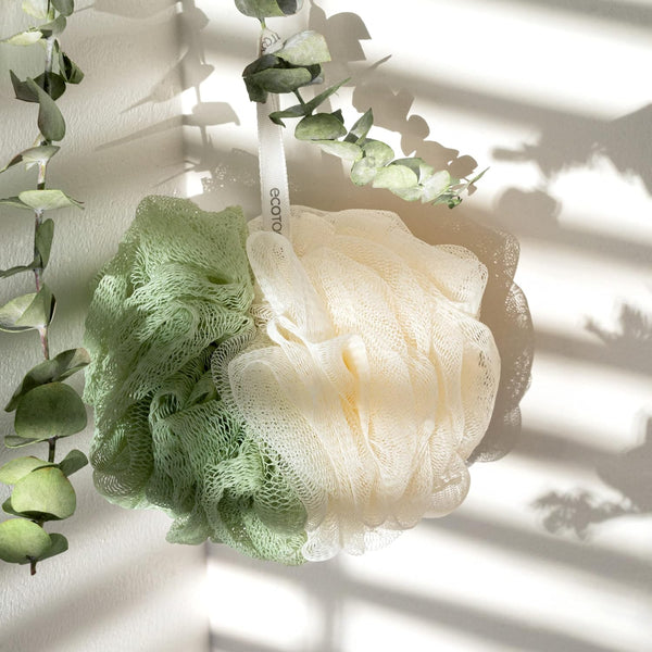 Ecotools Green 2-In-1 Ecopouf, Dual-Sided Shower Loofah Exfoliates & Cleanses Skin, Made of Recycled Netting, Removes Dead Skin, Eco-Friendly Bath