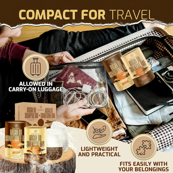 Moroccan Argan Oil Shampoo and Conditioner Solid Bars Set - Zero Waste Natural Products and Sulfate Free Travel Size Toiletries - No Bottle - Care