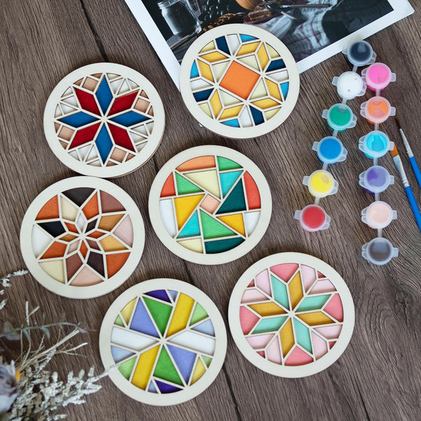 Temlum Wooden Coasters Painting Kit, Paint You Own Coaster Wooden Painting Craft Kit for Adults and Beginners Art Craft Supplies