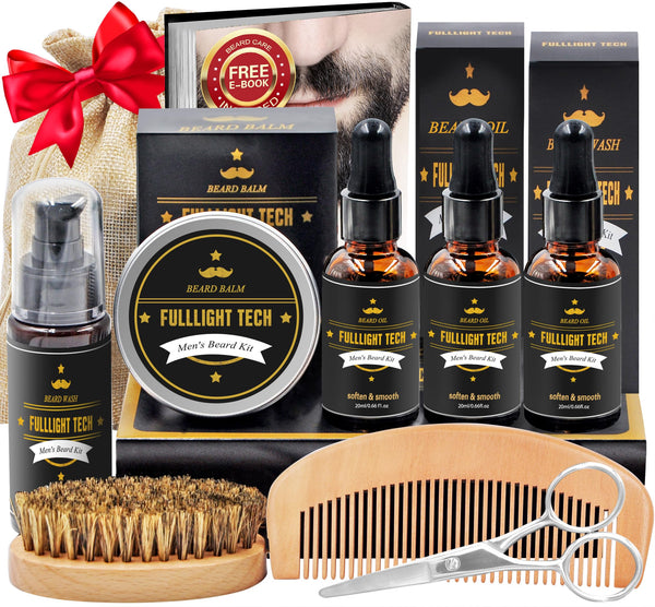 Beard Kit for Men Grooming & Care W/3 Pack Beard Oil, Wash, Balm, Comb, Brush, Scissors,Anniversary Valentines Birthday Fathers Gifts Idea for