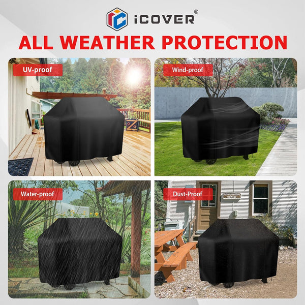 Grill Cover 58 Inch, Icover Waterproof BBQ Gas Grill Cover, Polyester Easy On/Off, Dustproof Fade Resistant for Weber Char-Broil Nexgrill and More