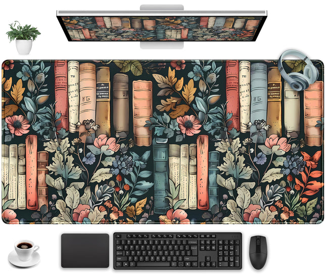 Floral Books Desk Mat Reading Desk Pad Mouse Mat XXL, Colorful Mouse Keyboard Pad Flower Bookshelf Desktop Mat, Long Com