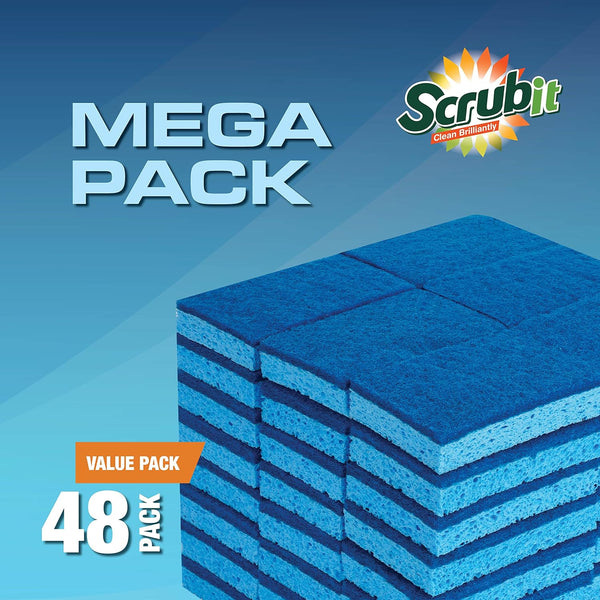 SCRUBIT 48 Pack Kitchen Sponges - Dish Sponge for Washing Dishes, Kitchen & Bathroom â Blue Dishwashing Sponges along with a Thought Scrubber â