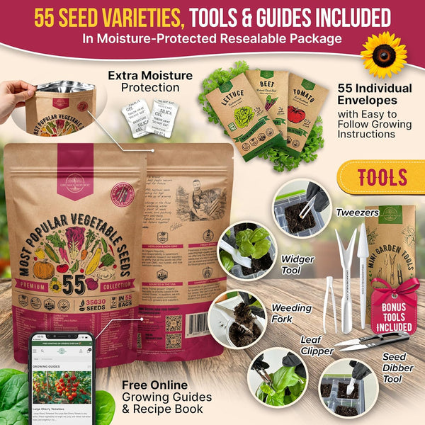 55 Vegetable Seeds Variety Pack - 35,600+ Non-Gmo Heirloom Seeds for Planting Vegetables and Fruits in Individual Seed Packets, Home Garden Seeds