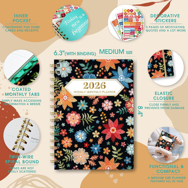 Ymumuda 2025-2026 Planner, 12-Month Daily Weekly Monthly Planner from JUL.2025 to JUN.2026, 8.4" X 6", Spiral Notebook with Stickers, Elastic