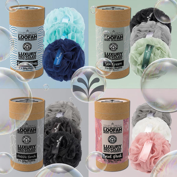 Temple Spring Recycled Luffa Sponges, Bathroom Shower Accessories, Loofa Bath Sponge, Exfoliating Body Scrubber Exfoliator Pouf, Shower Scrubber