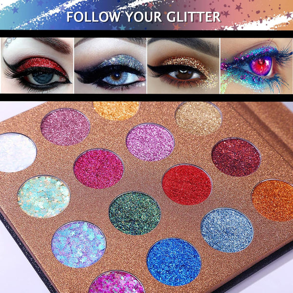 UCANBE Pro Glitter Eyeshadow Palette - Professional 16 Colors - Chunky & Fine Pressed Glitter Eye Shadow Powder Makeup Pallet Highly Pigmented