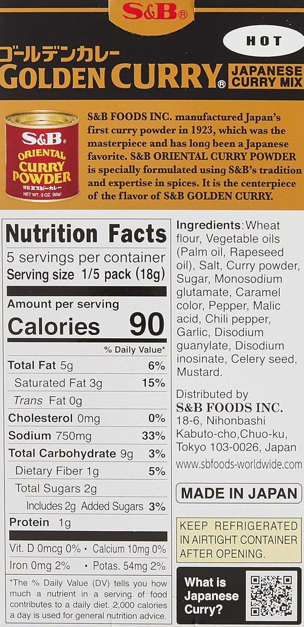 S&B, Golden Curry Sauce Mix, Hot, 3.2 Oz