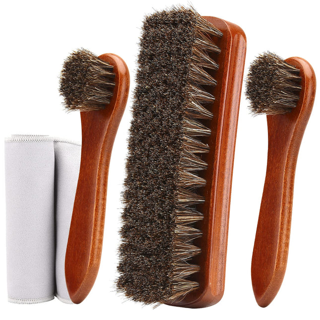 4-Piece Horsehair Shoe Brush Shine Kit, Shoe Polish Kit, Leather Shoes Boot Cleaning Brush Care Clean Dauber Applicators