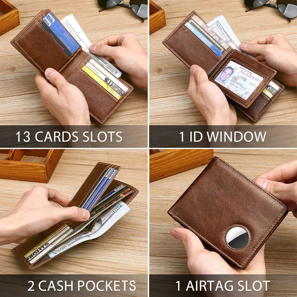 Swallowmall Airtag Wallet Men RFID Blocking Genuine Leather Bifold Mens Wallet for Airtag 1 ID Window 12 Card Holders Gift Box (Airtag Not