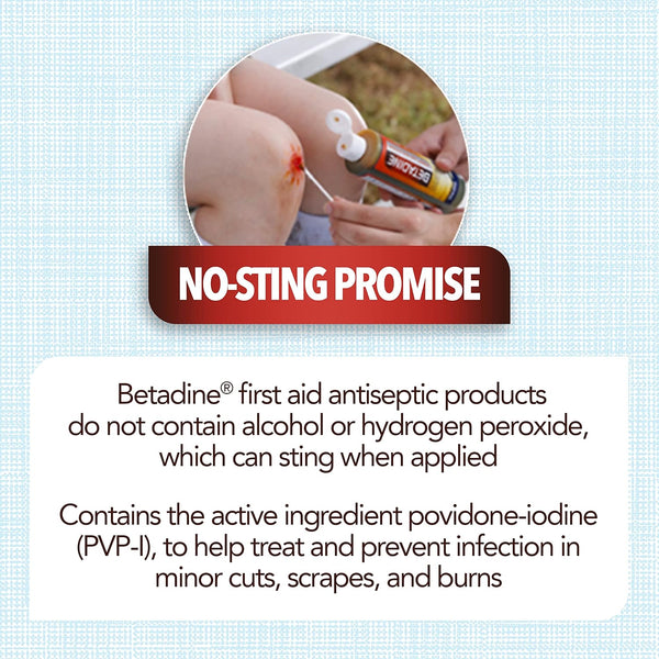 Betadine Antiseptic First Aid Solution, Povidone-Iodine 10%, Infection Protection, Kills Germs in Minor Cuts Scrapes and Burns, No Sting Promise,
