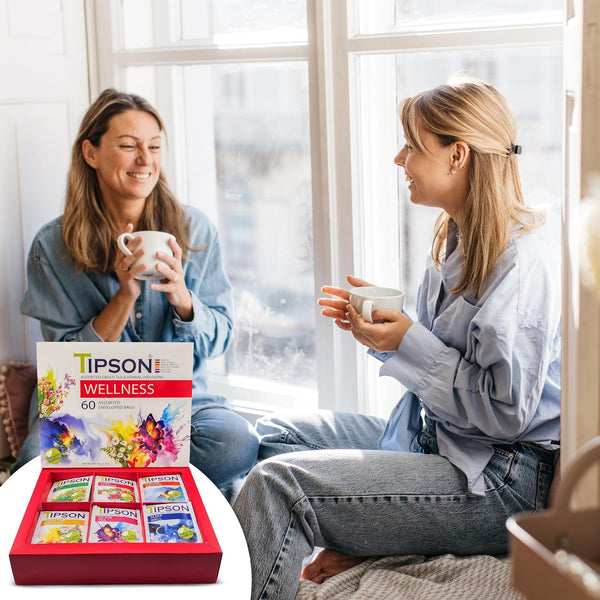 Tipson Wellness Variety Sampler: 6 Flavors | 6 Benefits (60 Tea Bags) - Green Tea & Herbal Infusions for Cleansing, Boosting, Support, and Sleep |