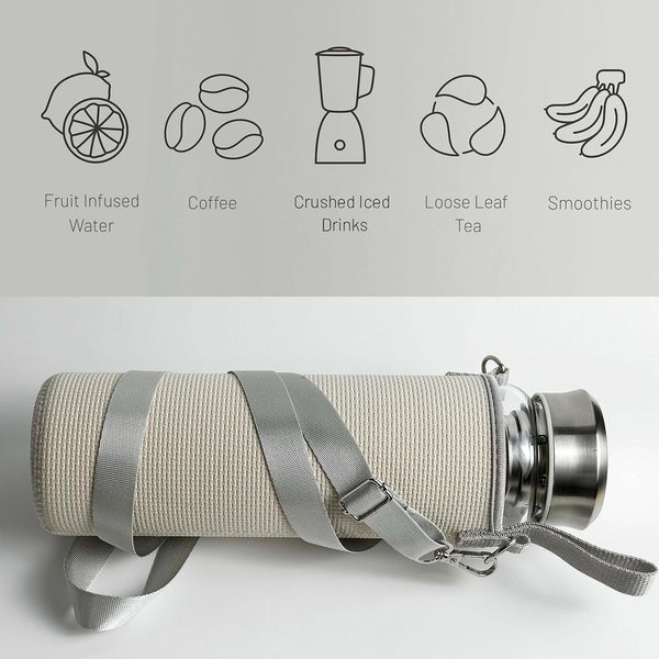32 Oz Glass Water Bottles with Stainless Steel Lid and Sleeve - Borosilicate Glass Sports Water Bottle with Strap for Drinking
