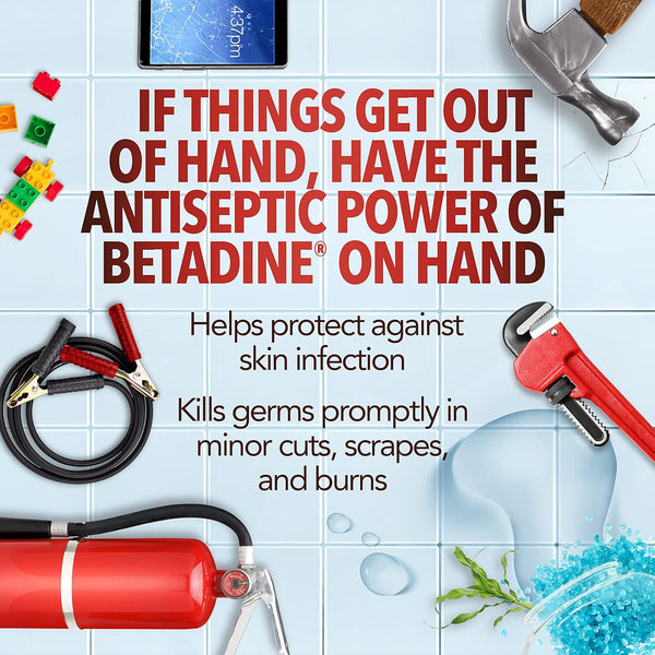 Betadine Antiseptic First Aid Solution, Povidone-Iodine 10%, Infection Protection, Kills Germs in Minor Cuts Scrapes and Burns, No Sting Promise,