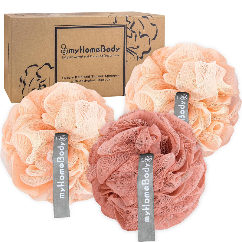 Myhomebody 60G Loofah Sponge, Body Scrubber, Bath Sponge, Loofah for Women, Men, Exfoliating Sponge Shower Pouf with Activated Charcoal - 2 Peach