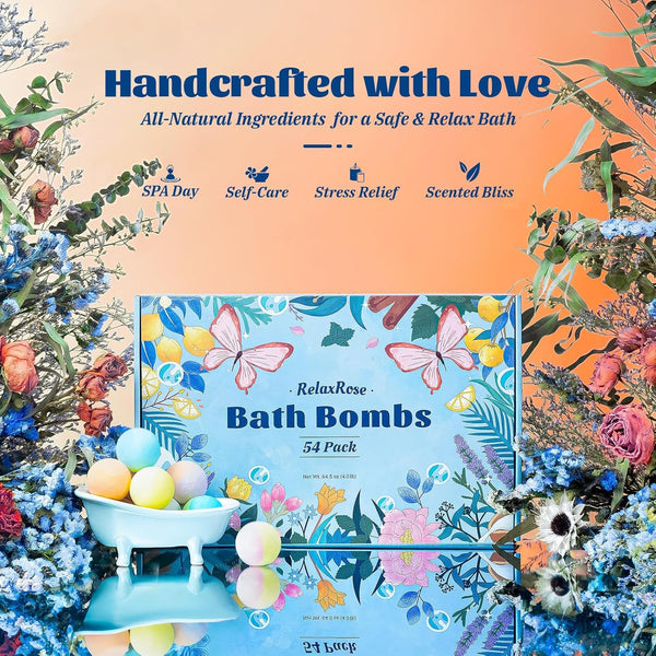 54 Pack Handmade Bath Bombs â 11 Vibrant Colors & 9 Unique Scents, Long-Lasting Fizzy Bubbles & Colorful Magic, 7-Minute Dissolve for Relaxation,