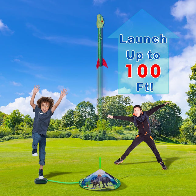 Dinosaur Toy Rocket Launcher for Kids - Launch Up to 100 Ft, 4 Rockets, Outdoor Outside Toys for Kids, Dinosaur Toys, Bi
