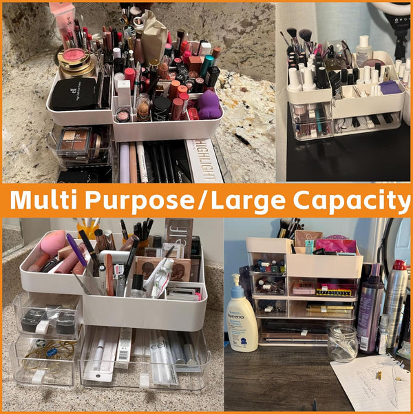 White Makeup Organizer with 3 Drawers, Large Capacity Plastic Cosmetic Storage for Dresser and Vanity, Ideal for Beauty, Perfume, Brushes,