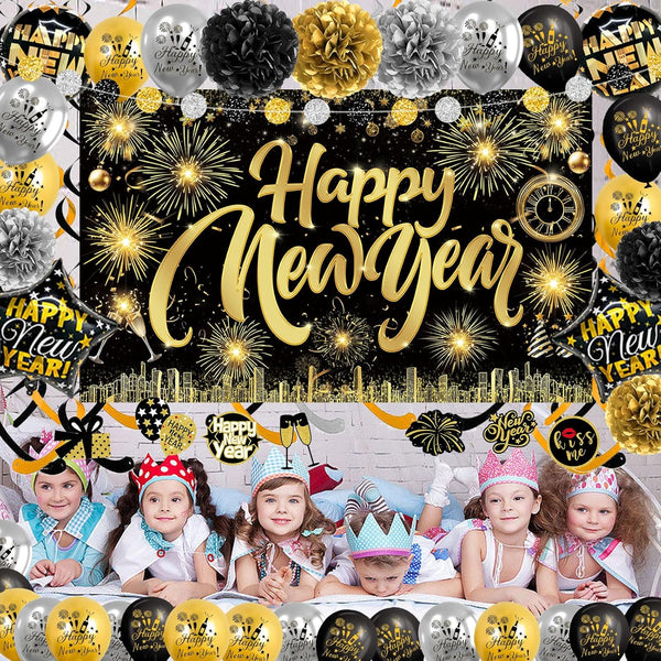 Happy New Year Party Backdrop Fabric Sign Poster Banner with Pattern Firework for New Year Party Decoration Photo Props Background Supplies