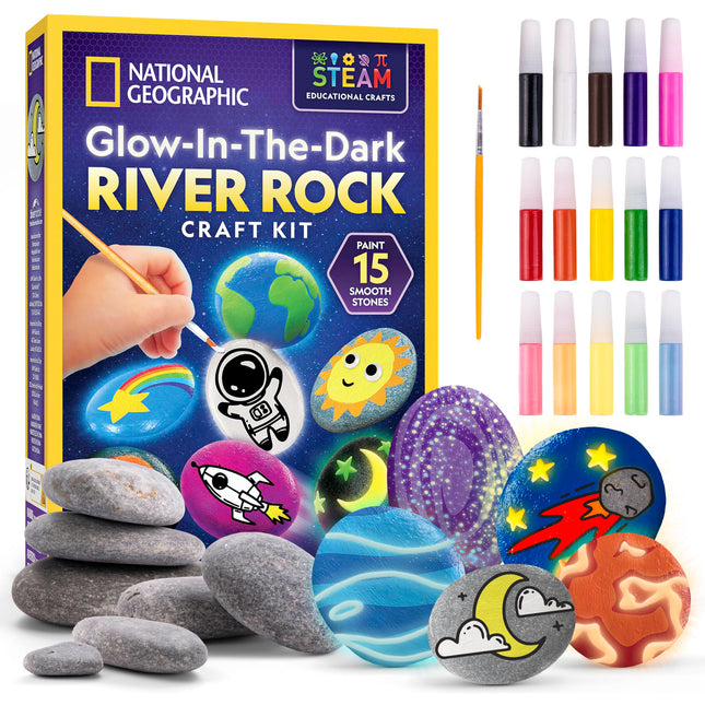NATIONAL GEOGRAPHIC Glow in the Dark Rock Painting Kit - Arts & Crafts Kit for Kids, Decorate 15 River Rocks with 15 Pai