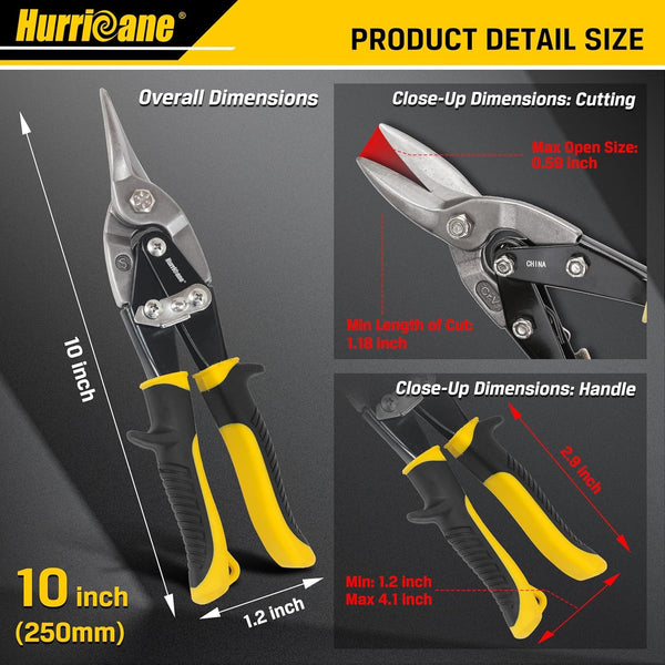 HURRICANE 10 Inch Aviation Tin Snips, Heavy Duty Metal Cutter Shears for Cutting Sheet Metal, Straight Cut, Chrome Vanadium Steel