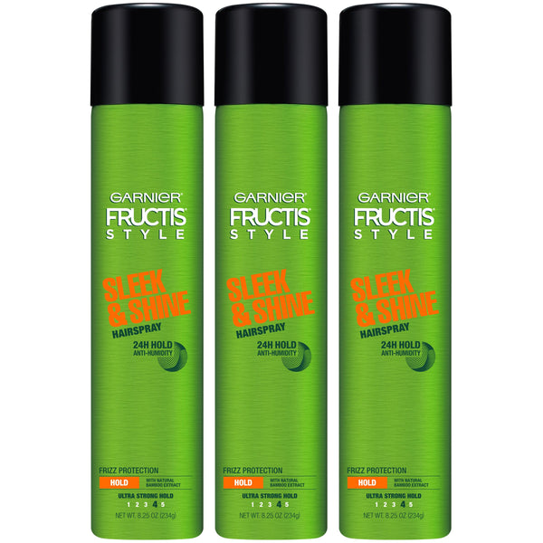 Garnier Fructis Style Sleek and Shine Anti-Humidity Hairspray, Ultra Strong Hold, Frizz Protection 8.25 Oz, 3 Count (Packaging May Vary)