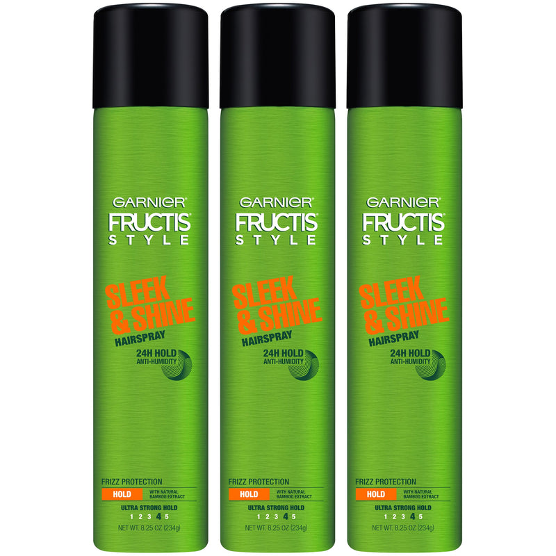 Garnier Fructis Style Sleek and Shine Anti-Humidity Hairspray, Ultra Strong Hold, Frizz Protection 8.25 Oz, 3 Count (Packaging May Vary)