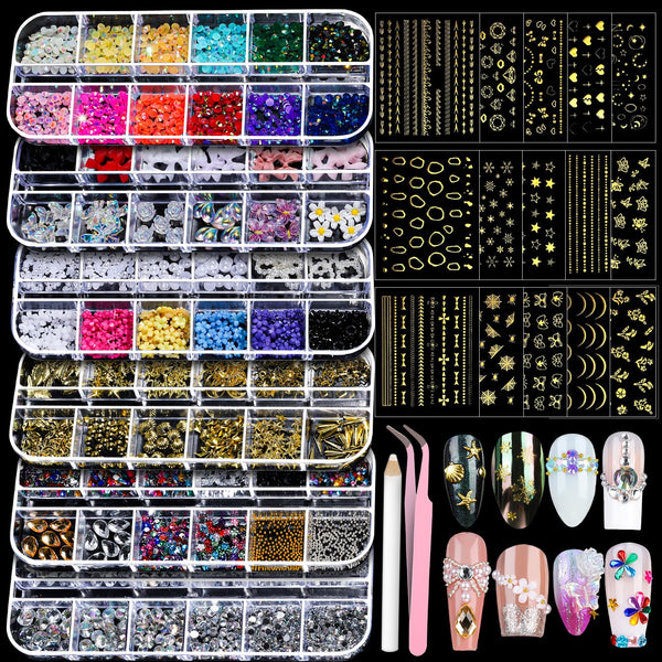 Teenitor Nail Charms Nail Art Kit with 15 Sheets Gold Nail Stickers, 6 Boxes of Nail Gems Nail Art Tools Nail Rhinestones for Nails, Nail Supplies