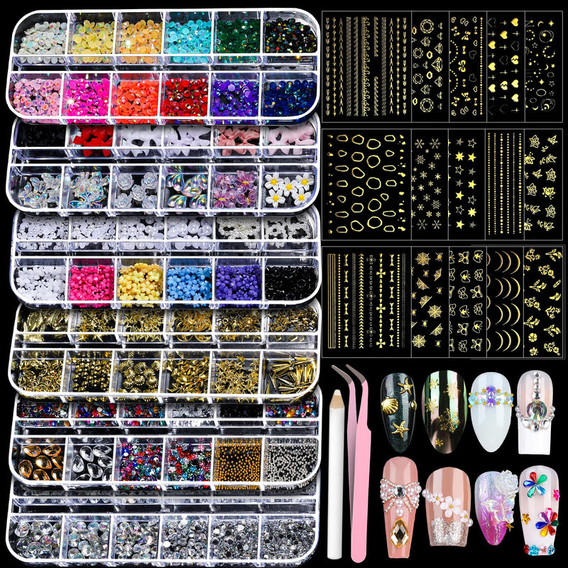 Teenitor Nail Charms Nail Art Kit with 15 Sheets Gold Nail Stickers, 6 Boxes of Nail Gems Nail Art Tools Nail Rhinestones for Nails, Nail Supplies