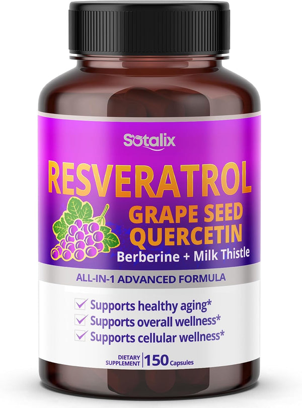 Resveratrol with Grape Seed + Quercetin Berberine + Milk Thistle Powerful Anti-Aging - USA Made & Tested (150-Day Supply (Pack of 1))
