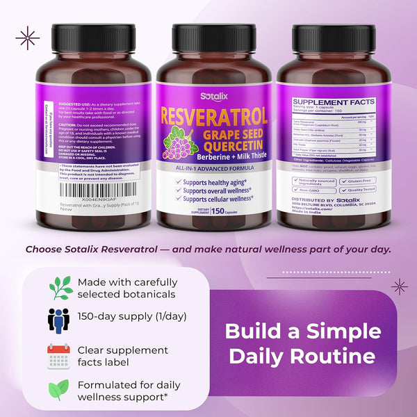 Resveratrol with Grape Seed + Quercetin Berberine + Milk Thistle Powerful Anti-Aging - USA Made & Tested (150-Day Supply (Pack of 1))