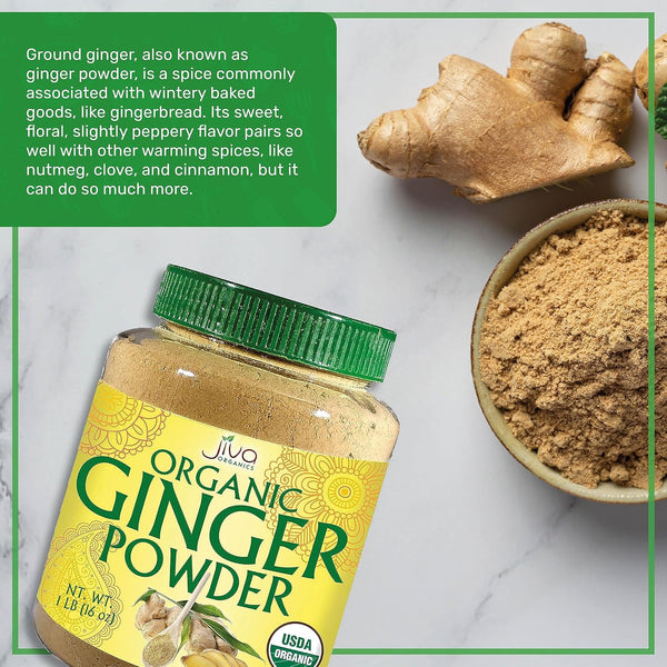 Jiva Organics Organic Ginger Root Powder 1 LB Jar - Gluten Free, Non-Gmo - for Cooking, Baking, Tea & More - Bulk Ginger Ground Dry