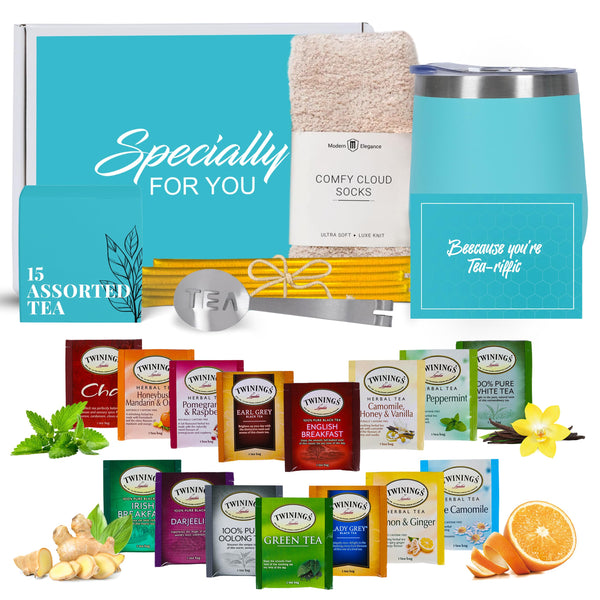 Tea Gifts for Women â Sampler Gift Basket with 15 Unique Blends, Honey Sticks, Stainless Tumbler & Gift-Ready Box (Mom Card-Teal)