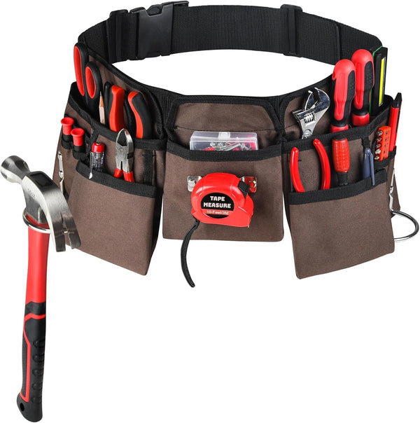 19 Pocket Brown and Black Heavy Duty Construction Tool Belt, Work Apron, Tool Pouch, with Poly Web Belt Quick Release Buckle - Adjusts from 33â€ Inches All the Way to 50â€ Inches
