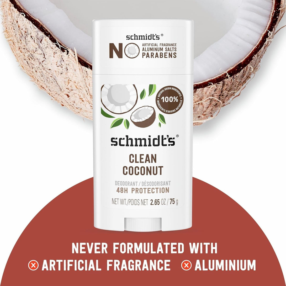 Schmidt'S Aluminum-Free Vegan Deodorant Clean Coconut for Women and Men, with 24 Hour Odor Protection, Natural Ingredients, Cruelty-Free, 2.65 Oz