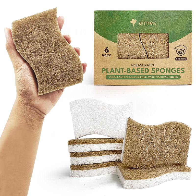 Natural Kitchen Sponges Pack of 6 - Cellulose and Coconut Husk Dishwashing Sponges - Odor Free Non Scratch Walnut Scrubber Sponges - Eco Friendly