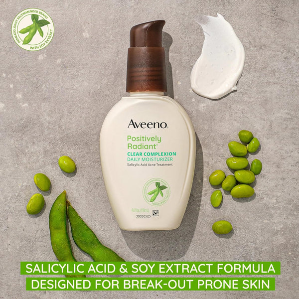 Aveeno Positively Radiant Clear Complexion Face Moisturizer, Acne Facial Moisturizer with Soy and Salicylic Acid for Oily Skin, Hypoallergenic