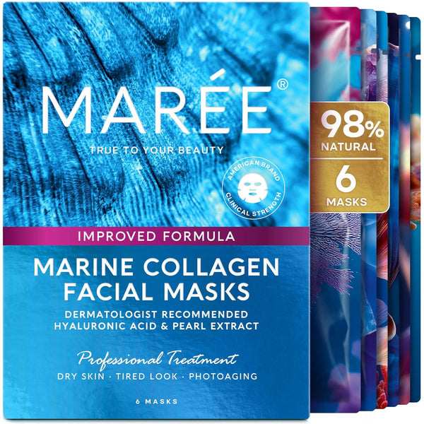 MAREE Collagen Facial Mask with Hyaluronic Acid - Sheet Face Masks Skincare with Green & Red Algae Extract - Hydrating Mascarillas Faciales for