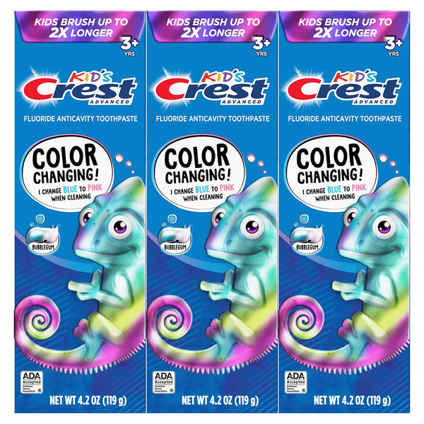 Crest Advanced Kid'S Fluoride Toothpaste, Bubblegum Flavor, 4.2 Oz, 3 Count, Color-Changing Anticavity Toothpaste