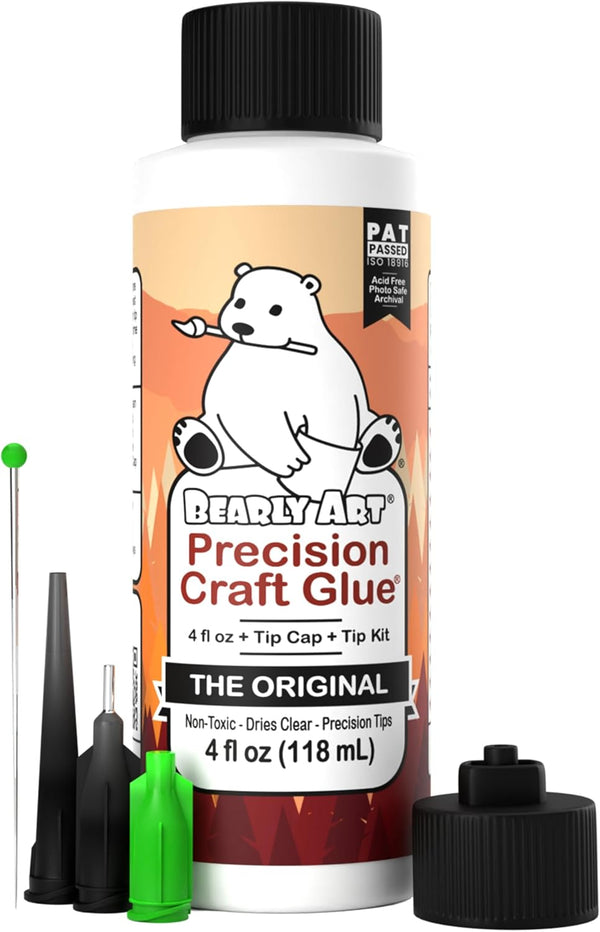 Bearly Art Precision Craft Glue - the Original - 4Fl Oz - Tip Kit Included - Dries Clear - Metal Tip - Wrinkle Resistant - Flexible and Crack