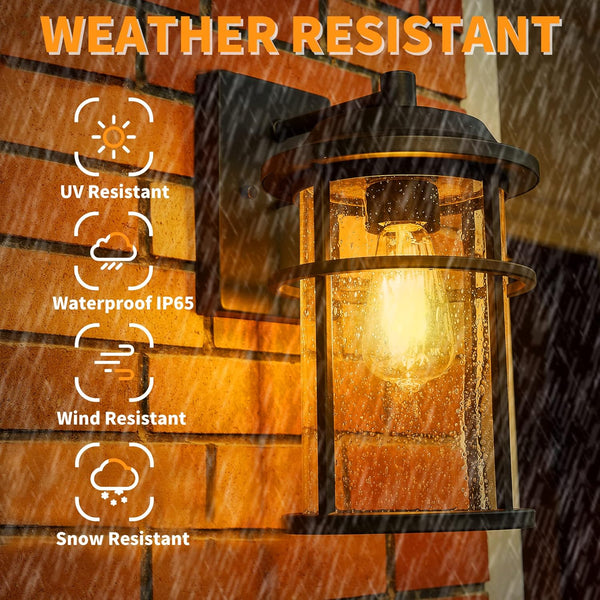 Outdoor Wall Lantern, Exterior Waterproof Wall Sconce Light Fixture, Anti-Rust Black Wall Mount Lighting with Seeded Glass Shade, E26 Socket Front