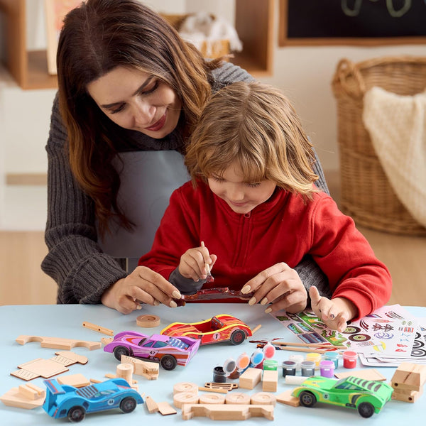 Klever Kits 4 DIY Wooden Race Cars-Build & Paint Your Own Wood Craft Kit, 4 Race Cars Toy, Easy to Assemble Arts Crafts Kit, Birthday Party