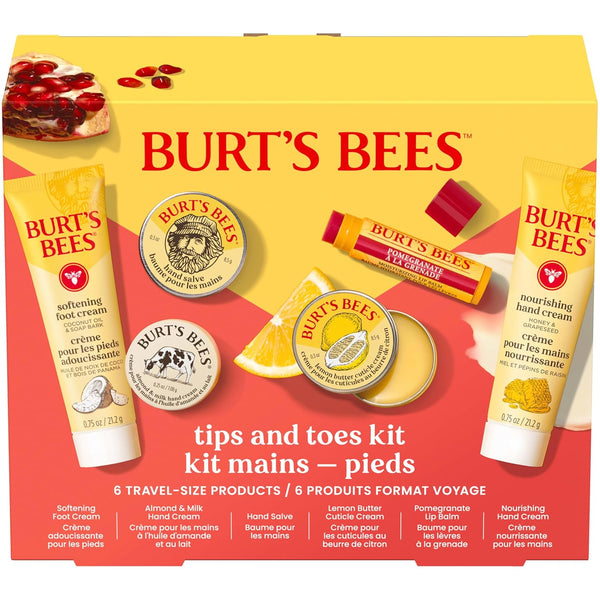Burt'S Bees Gifts Ideas, Tips and Toes Kit, 6 Travel Size Products - Pomegranate Moisturizing Lip Balm, 2 Hand Creams, Foot Cream, Cuticle Cream,