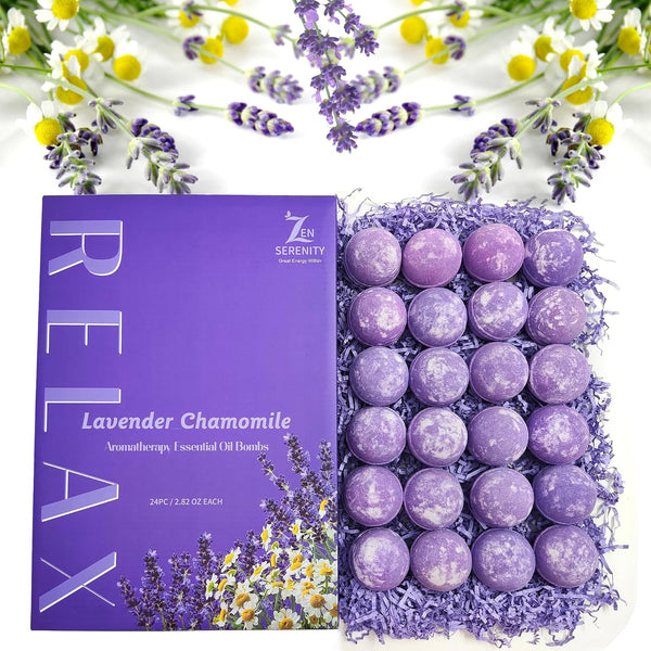 Zen'S 24-Piece Lavender & Chamomile Bath Bombs for Women Men & Kids. Handmade, Natural & Organic for a Relaxing Bath Gift Set Lavender Essential Oil