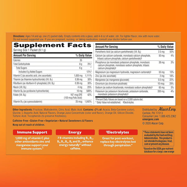Emergen-C 1000Mg Vitamin C Powder for Daily Immune Support Caffeine Free Vitamin C Supplements with Zinc and Manganese, B Vitamins and