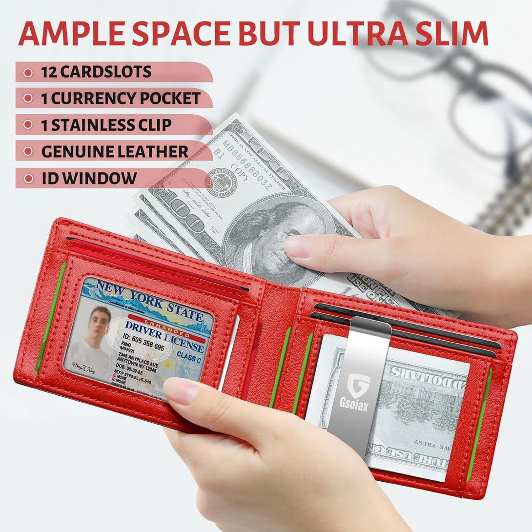 GSOIAX Slim Leather RFID Bifold Wallet for Men - Minimalist Front Pocket Wallet with Money Clip,12 Card Slots,Id Window,Cool Groove Design,Includes Gift Box(Carbon Red