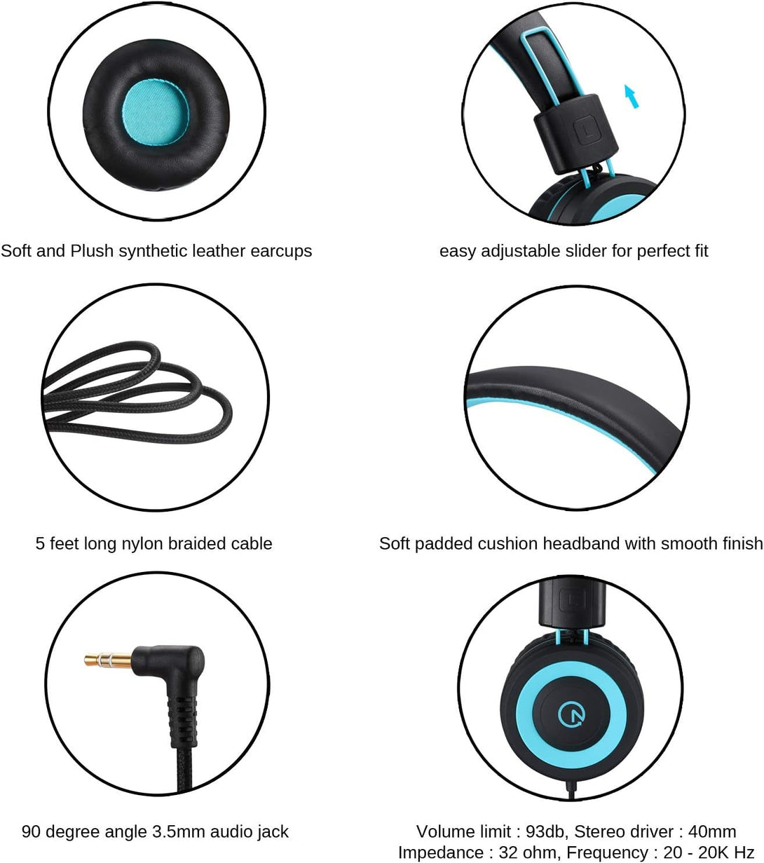Noot Products Kids Headphones K11 Foldable Stereo Tangle-Free 5Ft Long Cord 3.5Mm Jack Plug in Wired On-Ear Headset for Ipad/Amazon Kindle,Fire/Boys/Girls/School/Laptop/Travel/Plane/Tablet (Black)